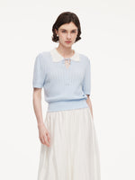 Tencel Blend Color Block Tie Front Women Openwork Knit Top GOELIA