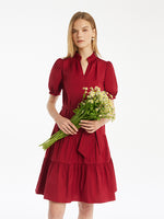 Puff Sleeves Tiered Women Mini Dress With Belt GOELIA