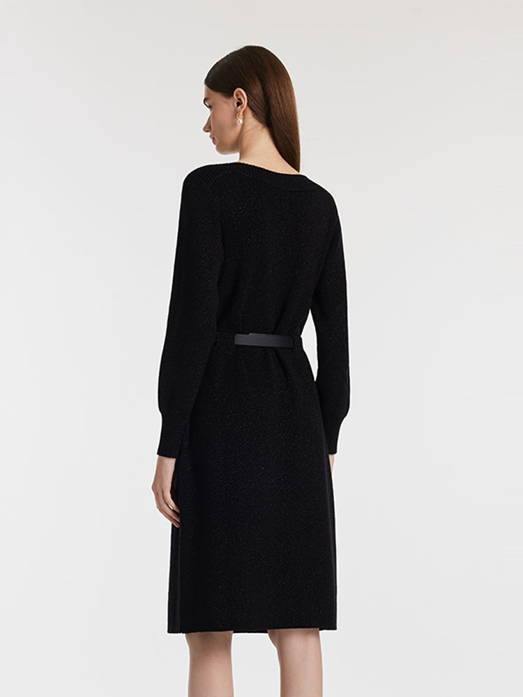 Slash Neck Knitted Women Midi Dress With Belt – GOELIA