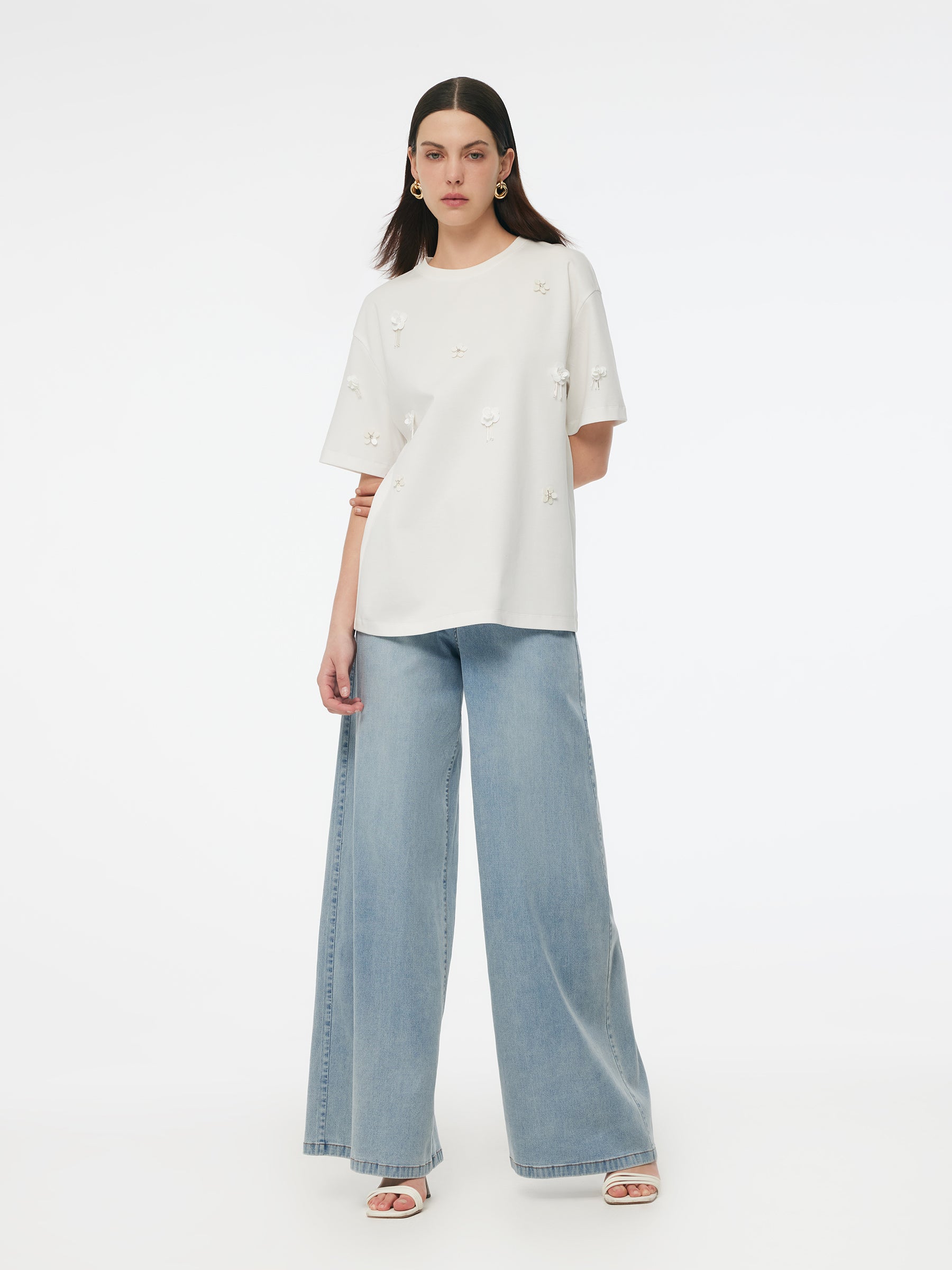 100% Cotton 3D Floral Beaded Women T-Shirt GOELIA