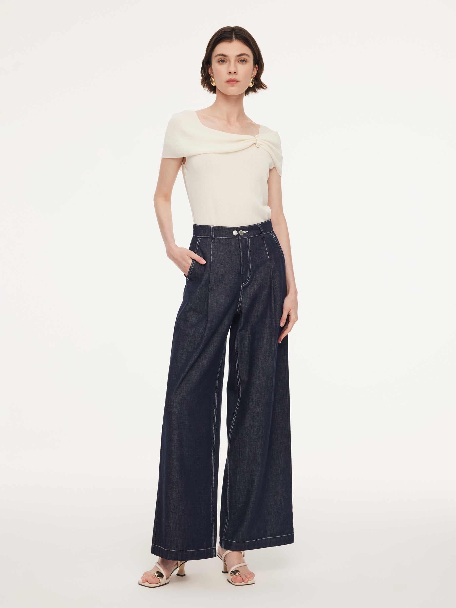 100% Cotton Denim Straight Wide Leg Women Jeans GOELIA