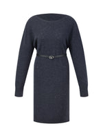 100% Wool Boat Neck Women Knit Mini Dress With Belt GOELIA