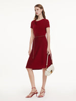 Lyocell Blend Rhinestone Cowl Neck Women Knit Midi Dress With Chain Belt GOELIA