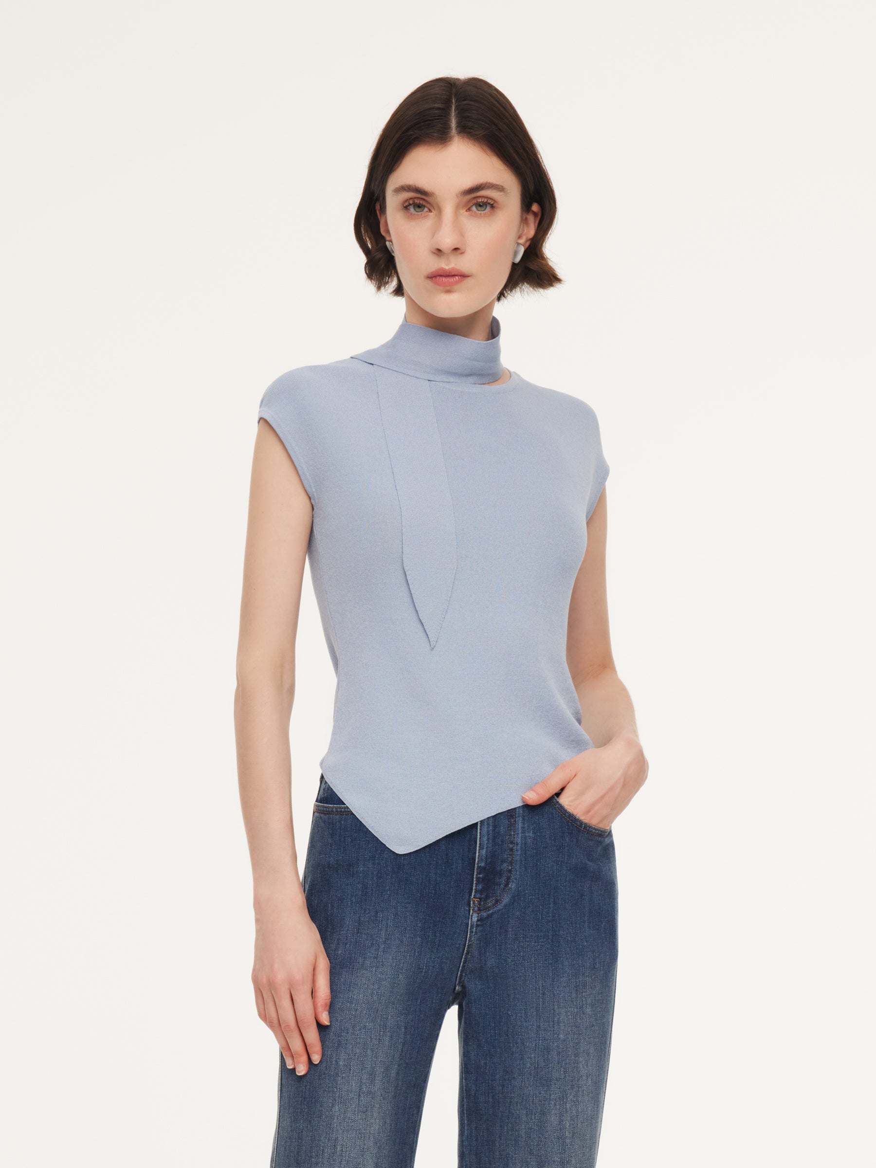 Tencel Blend Asymmetrical Hem Women Knit Top With Ribbon GOELIA
