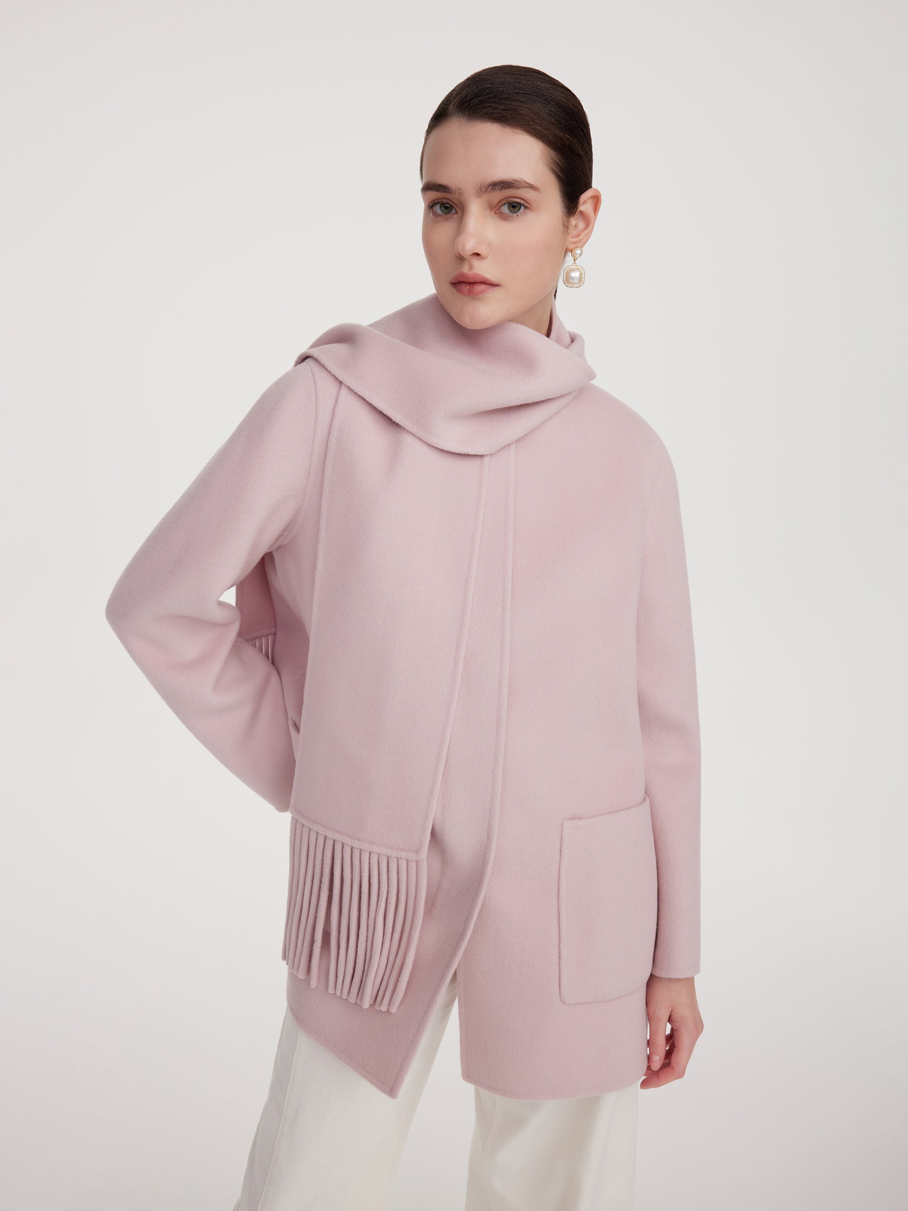 Tencel Wool Blend Double-Faced Women Coat With Fringe Scarf GOELIA