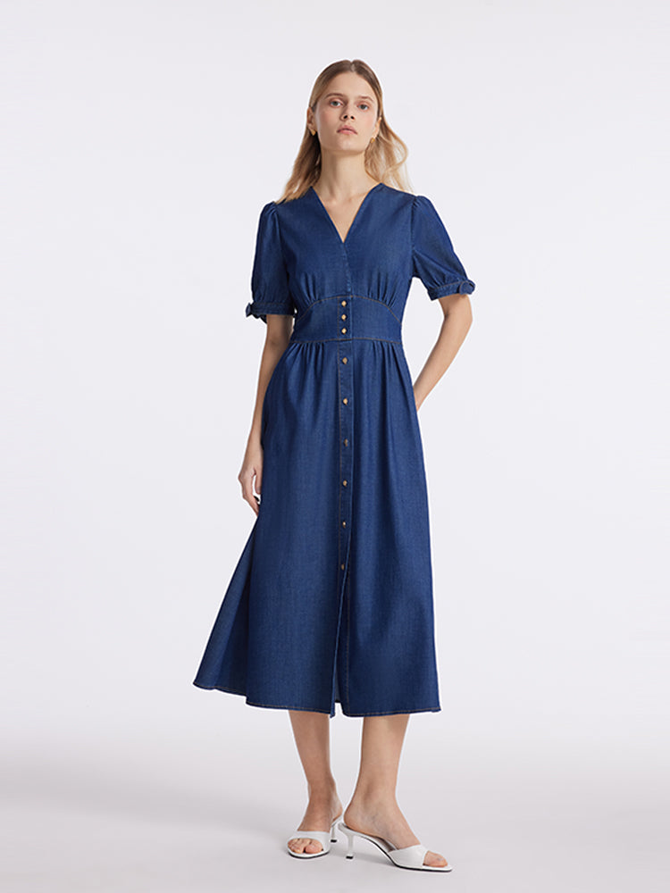 Gathered Waist Denim Women Midi Dress GOELIA