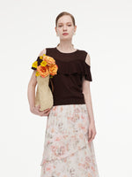 [Preview] Tencel Blend Ruffle Cold Shoulder Women Knit Top GOELIA
