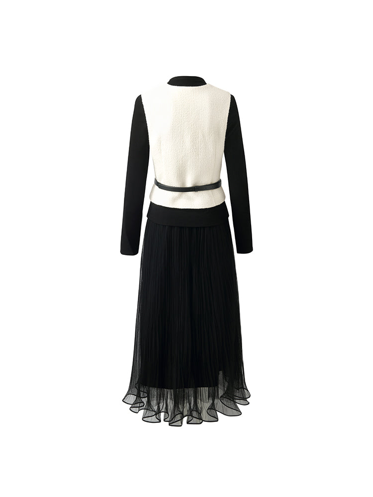 Sheath Sweater And Tulle Skirt And Vest Three-Piece Set With Belt GOELIA