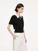 Tencel Blend Color Block Tie Front Women Openwork Knit Top GOELIA