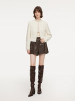 Tweed Round Neck Frayed Hem Women Cropped Jacket GOELIA