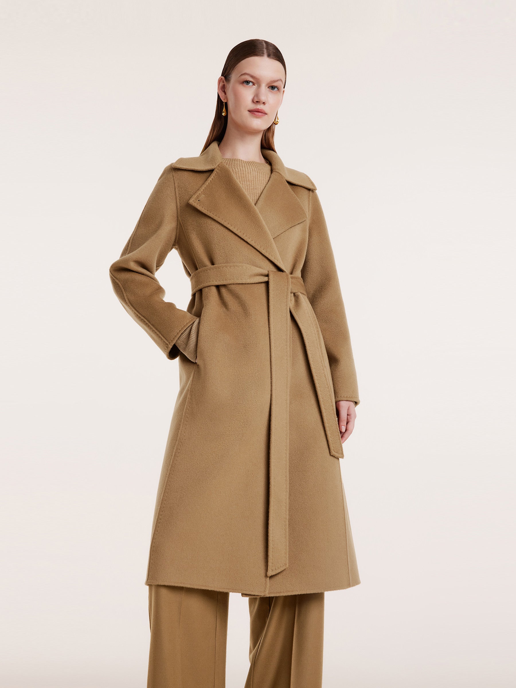 Camel Pure Cashmere Lapel Women Coat GOELIA