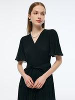 Pleated V-Neck Women A-Line Tie Belt Maxi Dress GOELIA