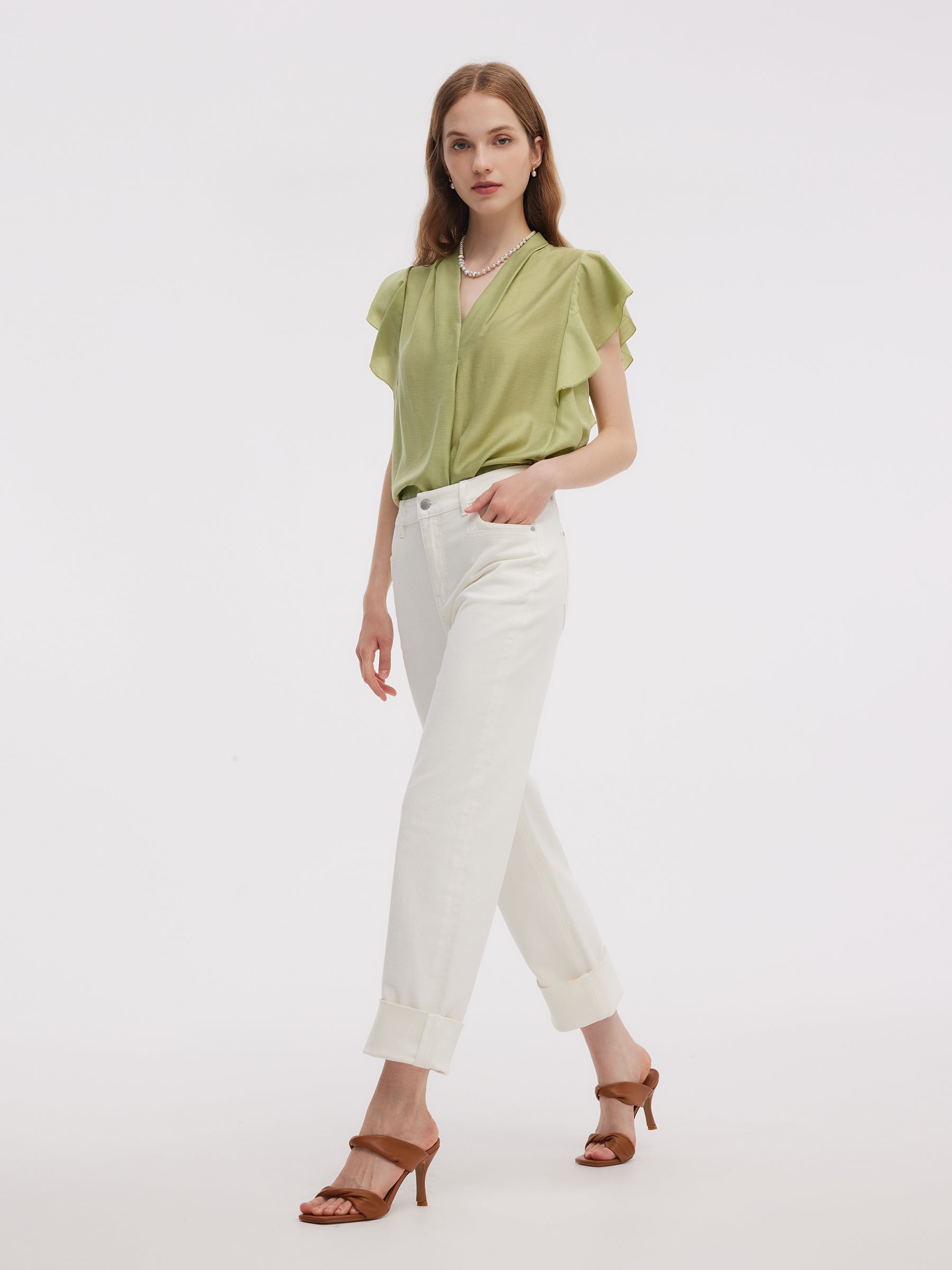 Cotton Denim Women Ankle Length Folded Jeans GOELIA