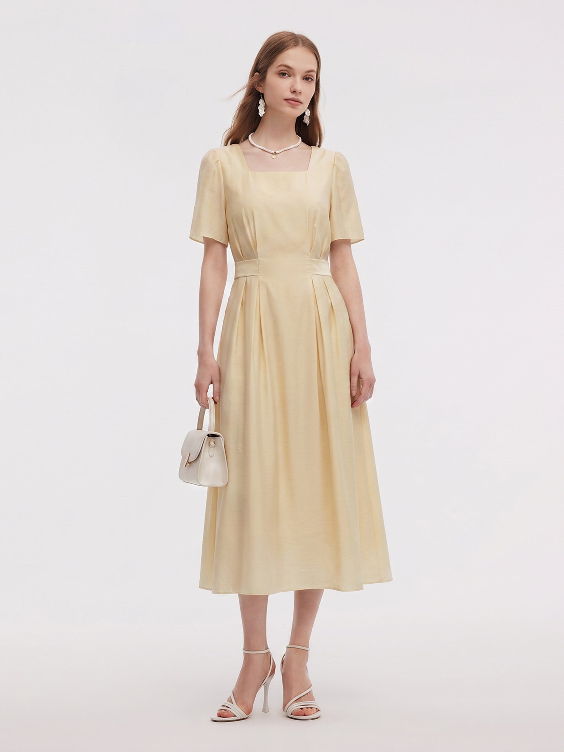 Tencel Blend Square Neck Women Gather-Waisted Maxi Dress GOELIA