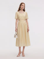 Tencel Blend Square Neck Women Gather-Waisted Maxi Dress GOELIA