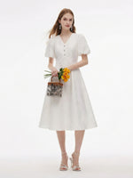 [Preview] Jacquard V-Neck Women Puff Sleeve Maxi Dress GOELIA