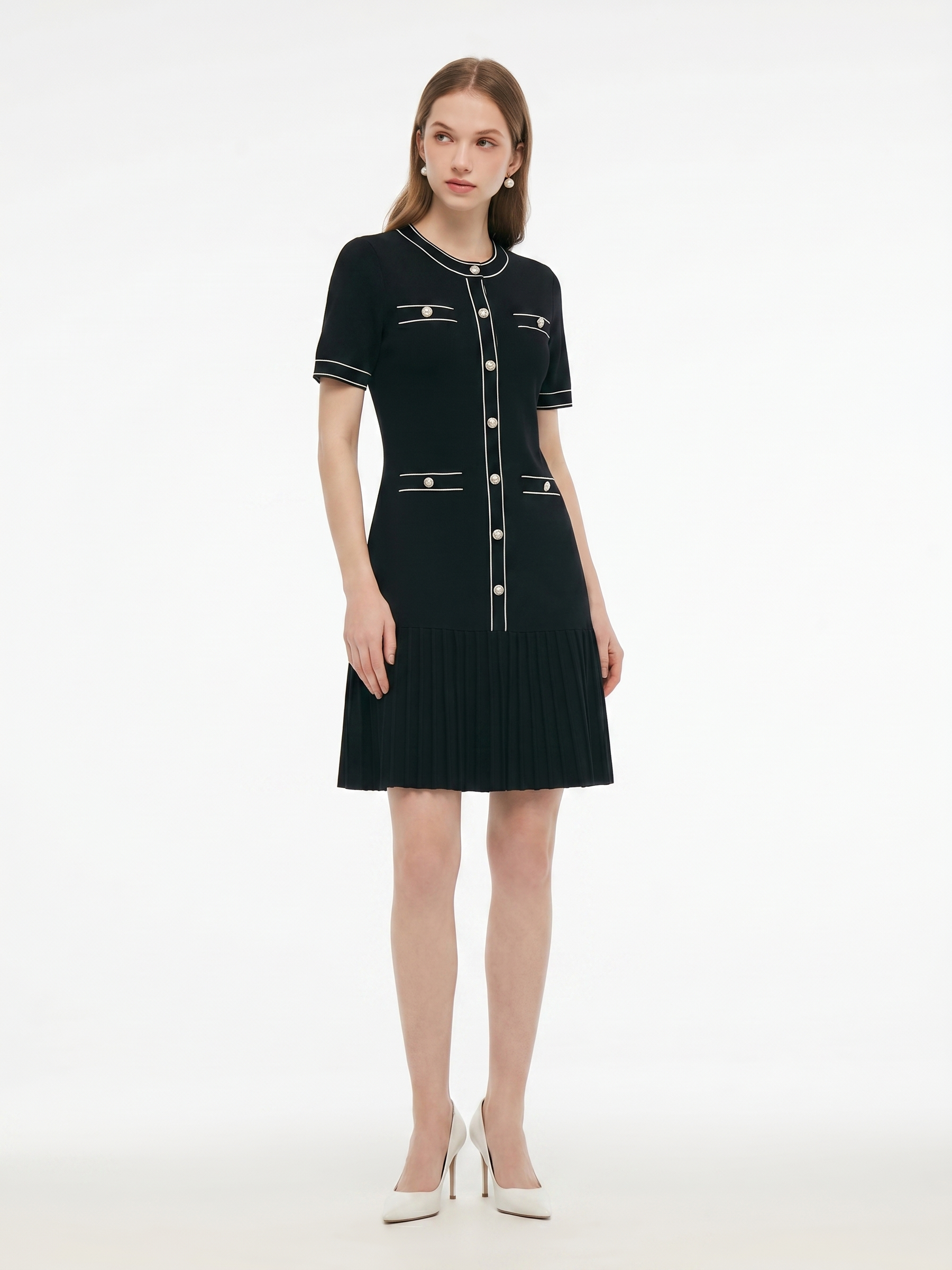 Tencel Blend Contrast Trim Women Pleated Hem Knit Mini Dress GOELIA