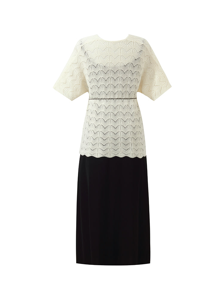 Openwork Knit Top And Strap Dress Two-Piece Set With Rope Belt GOELIA