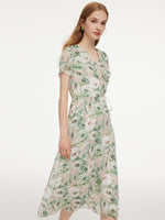 10MM Mulberry Silk Floral Print Ruffled Sleeve Women Wrap Maxi Dress GOELIA
