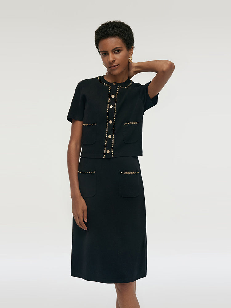 Chain Trim Knitted Jacket And Vest Dress Two-Piece Set GOELIA