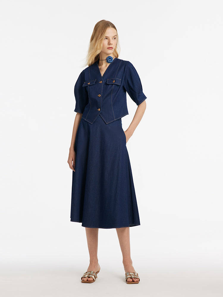 Denim V-Neck Top And Half Skirt Two-Piece Set GOELIA