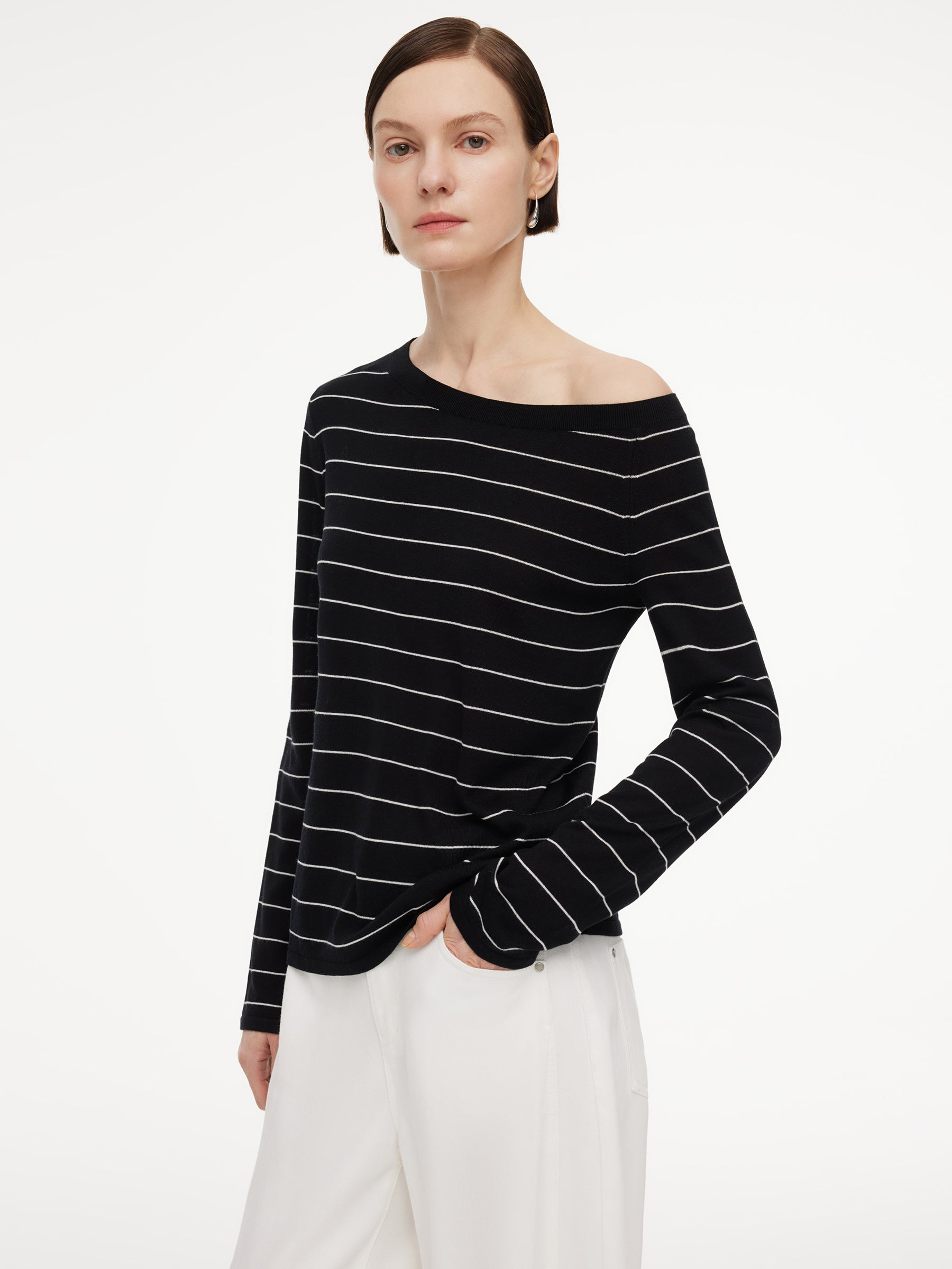 [Preview] Tencel Mulberry Silk Blend One Shoulder Women Stripe Knit Top GOELIA