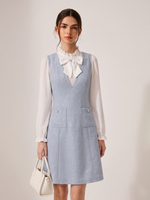 Acetate Blend Ruffle Neck Women Mini Dress With Detachable Bow GOELIA