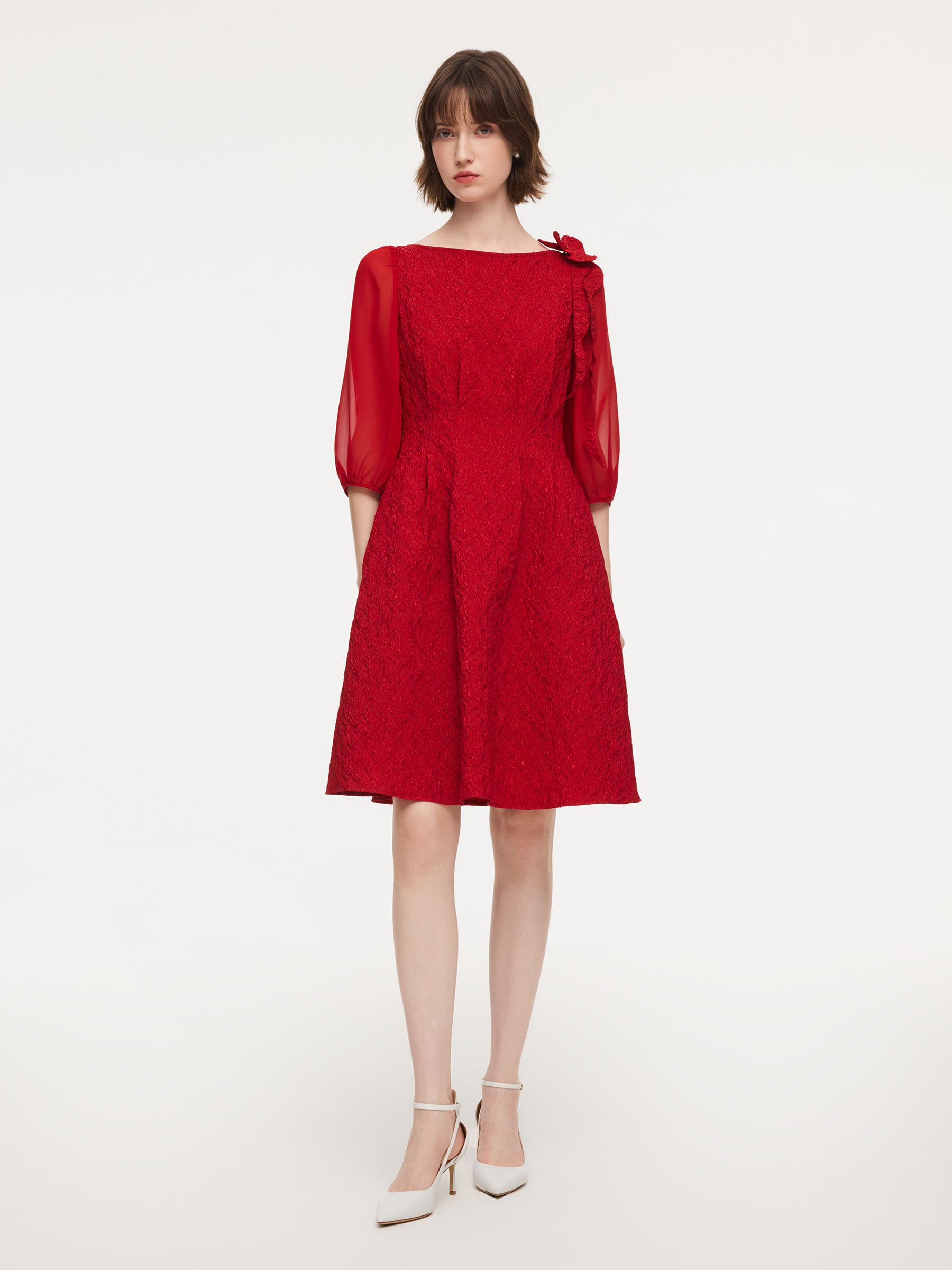 [Preview] Jacquard Boat Neck Women Midi Dress With Detachable Flower GOELIA