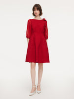 Chili Red Jacquard Boat Neck Women Midi Dress With Detachable Flower GOELIA