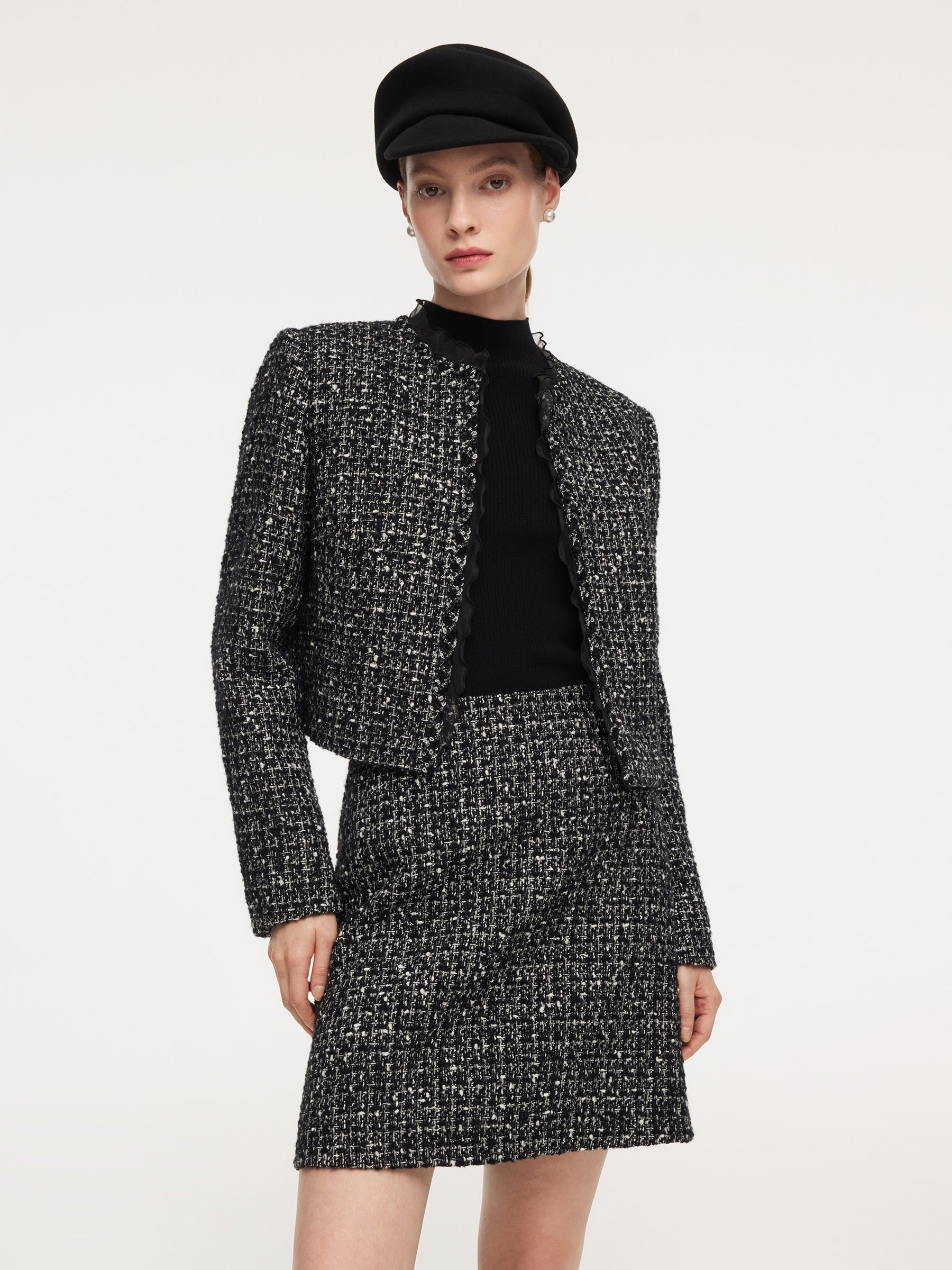 Wool Blend Tweed Cropped Jacket And Skirt Two-Piece Set GOELIA