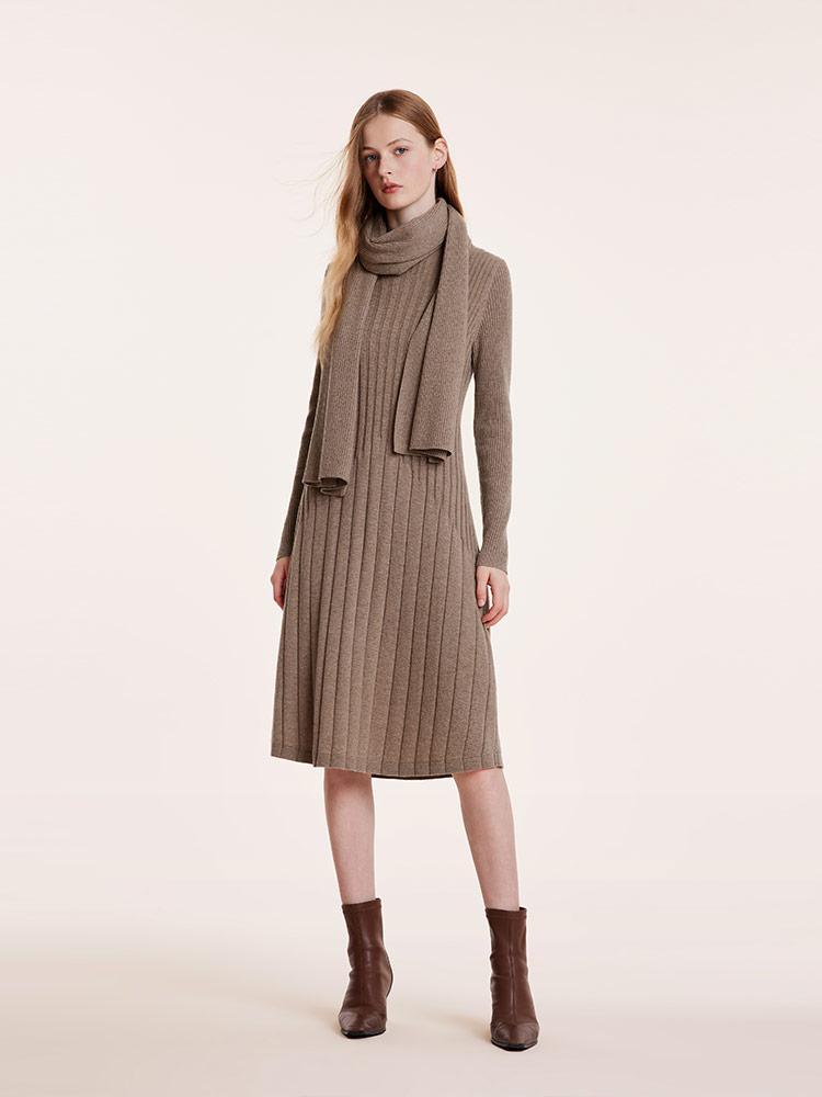 Tencel Wool Slim Knitted Midi Work Dress With Scarf GOELIA