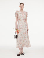 10MM Mulberry Silk Floral Print Women V-Neck Maxi Dress GOELIA