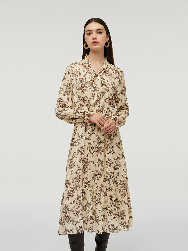 19 Momme Mulberry Silk Floral Printed Women Midi Dress GOELIA