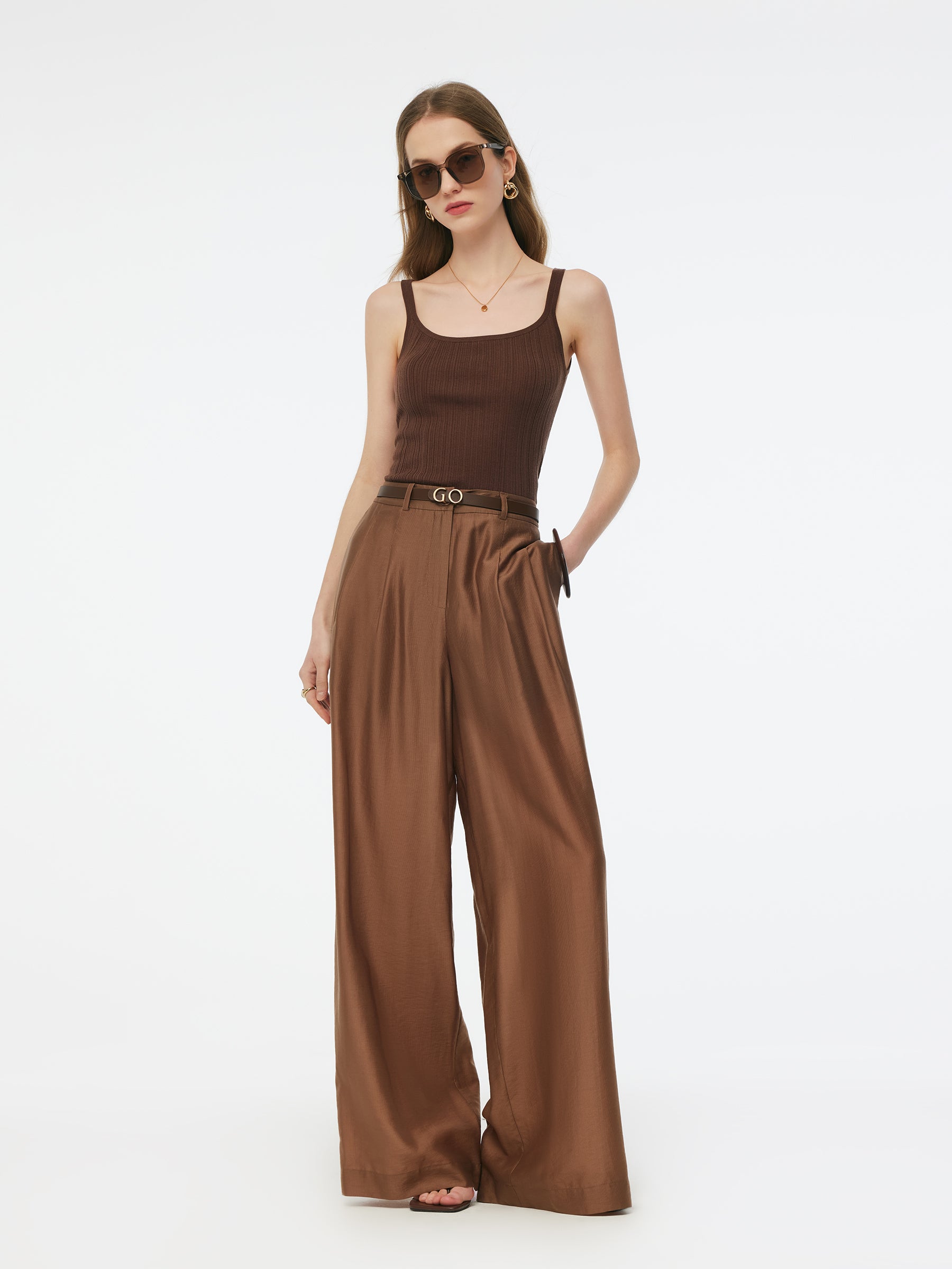 Tencel Blend Women Wide Leg Pants With GO Letter Leather Belt GOELIA