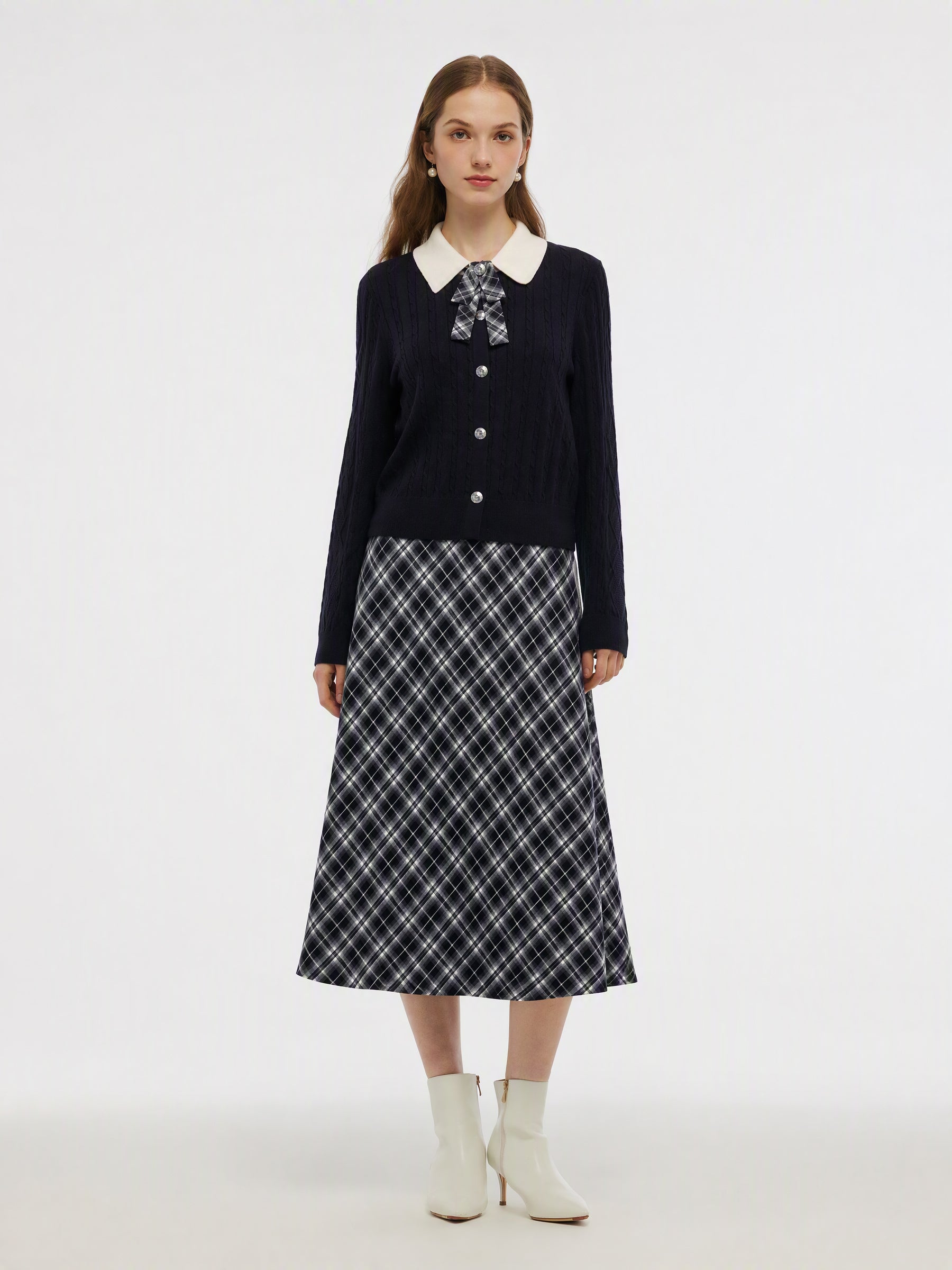 [Preview] Cable Knit Cardigan And Plaid Skirt Two-Piece Set With Detachable Bow GOELIA