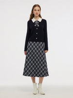 [Preview] Cable Knit Cardigan And Plaid Skirt Two-Piece Set With Detachable Bow GOELIA