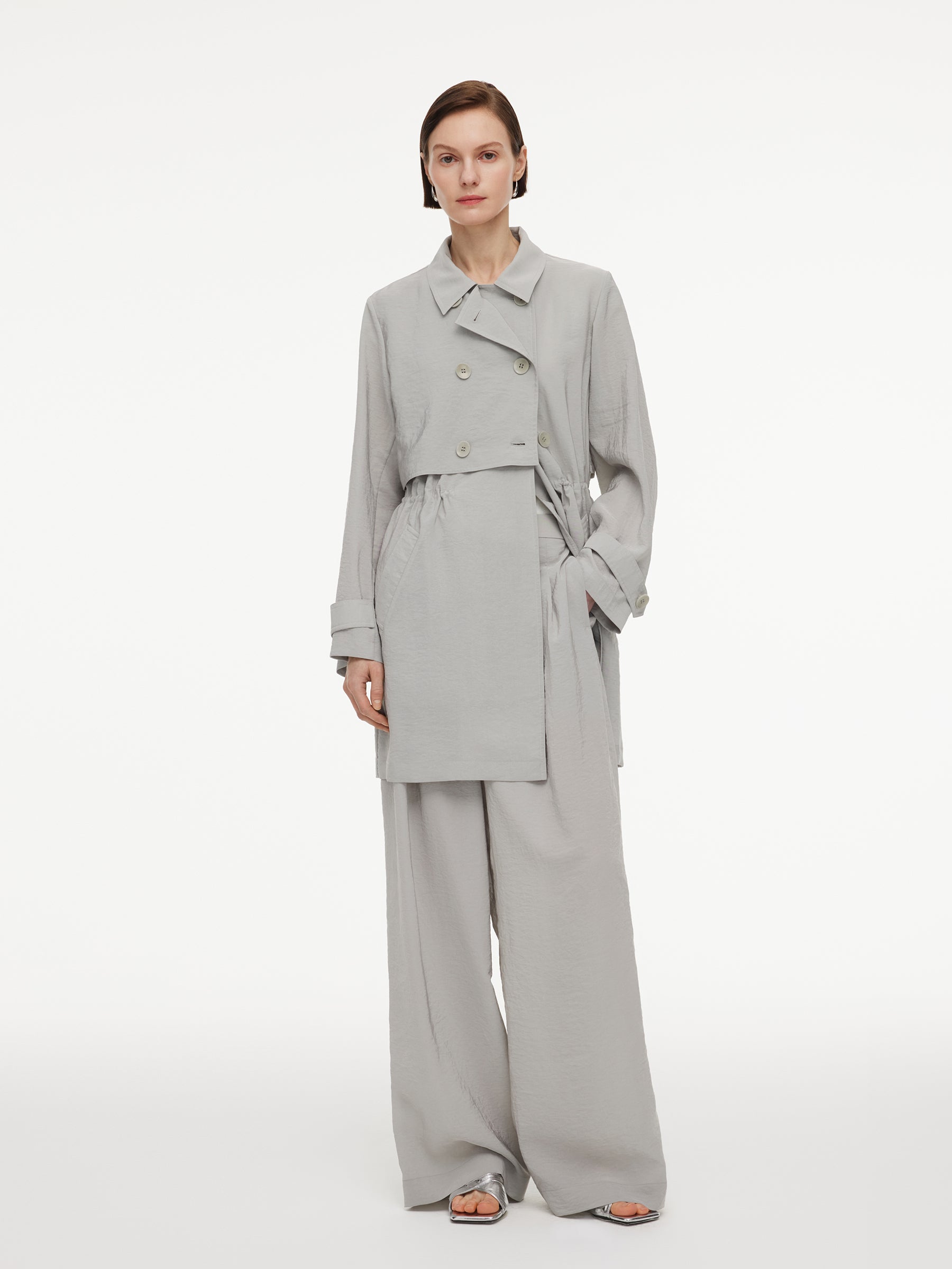 Triacetate Blend Drawstring Waist Women Trench Coat GOELIA