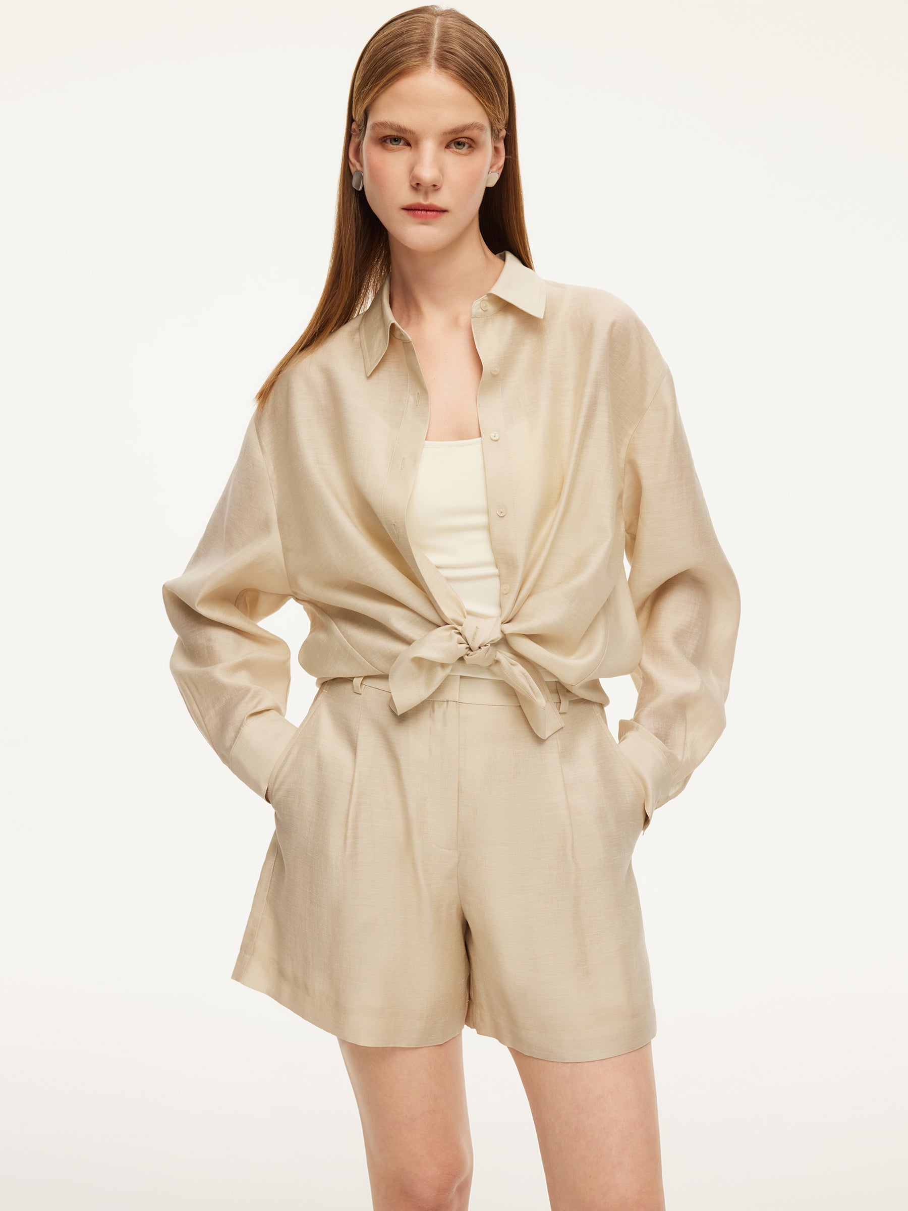 Tencel Acetate Linen Blend Women Sheer Oversized Shirt & Camisole Two-Piece Set GOELIA