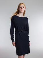 100% Wool Boat Neck Women Knit Mini Dress With Belt GOELIA