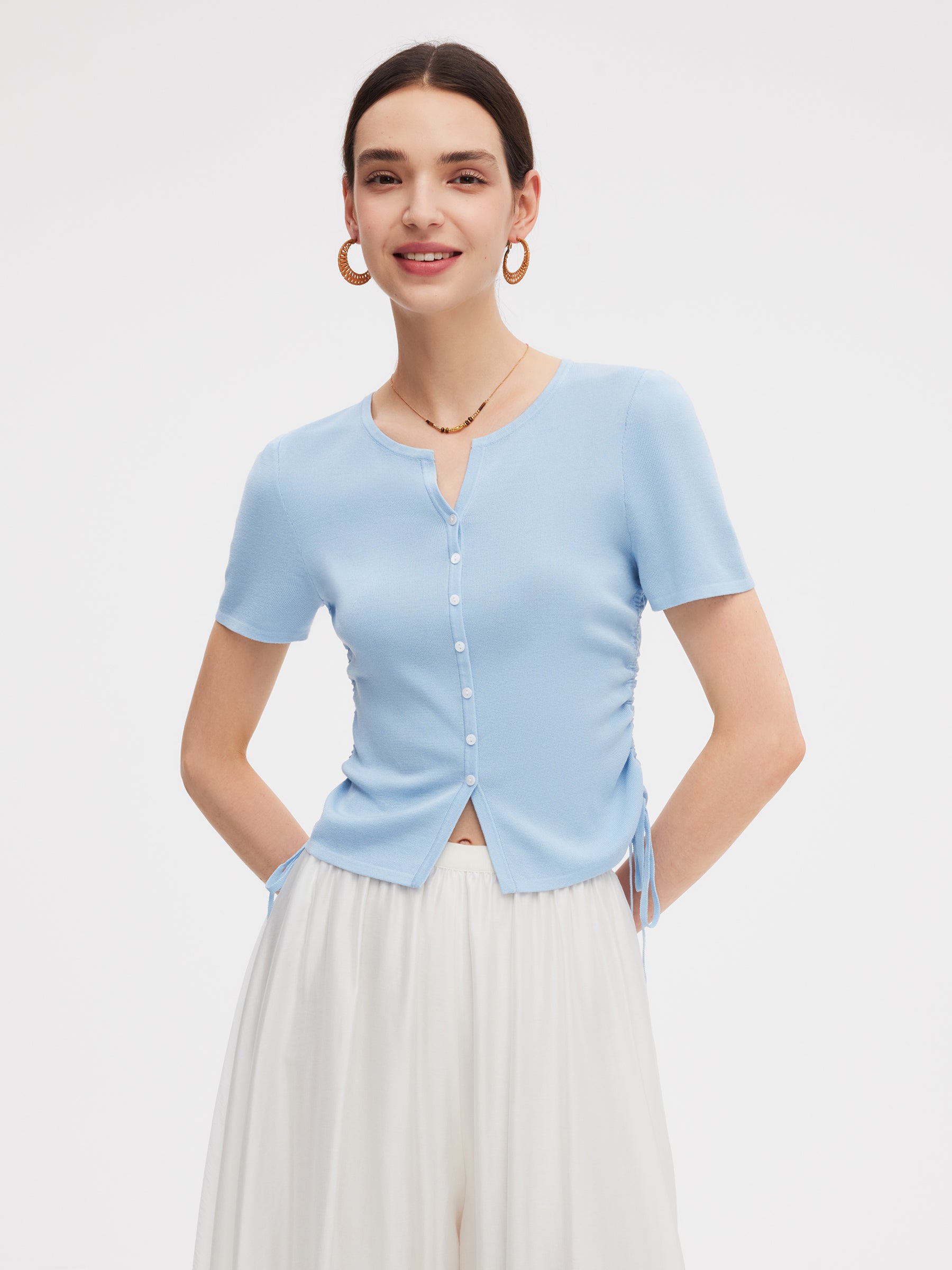 Acetate Tencel Blend Side Drawstring Women Knit Top GOELIA