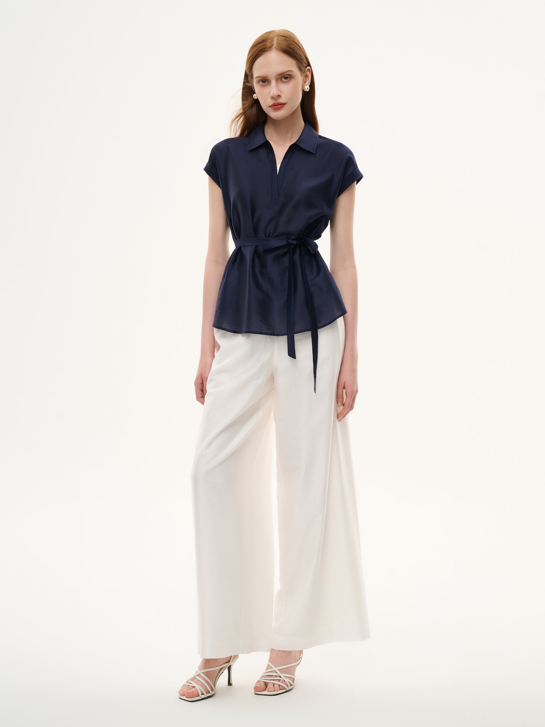 Tencel Blend Belted Blouse And Pants Two-Piece Set GOELIA