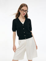 Tencel Wool Blend Rhinestone Women V-Neck Cardigan GOELIA