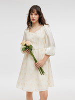 Lantern Sleeve Patchwork Jacquard Women Mini Dress GOELIA