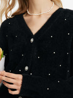Black V-Neck Rhinestone Knitted Women Cardigan GOELIA