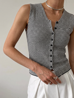 Cotton Blend Black And White Stripe Women Knit Vest GOELIA