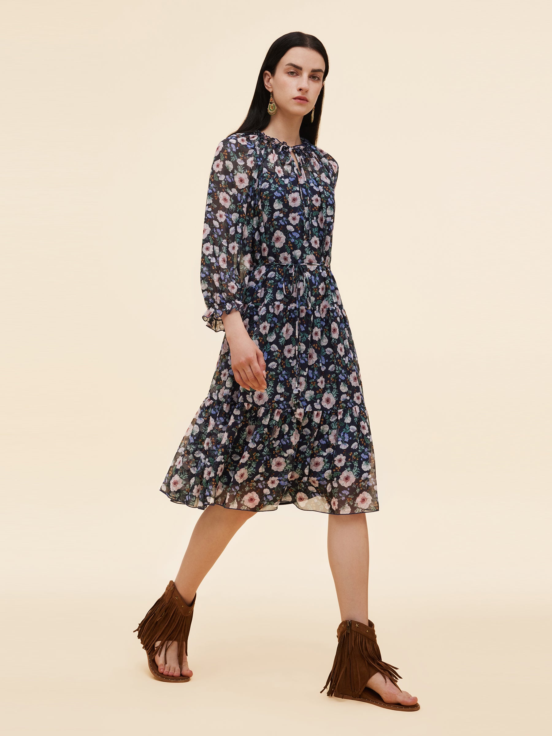 10MM Mulberry Silk Floral Print Women Ruffle Collar Midi Dress GOELIA