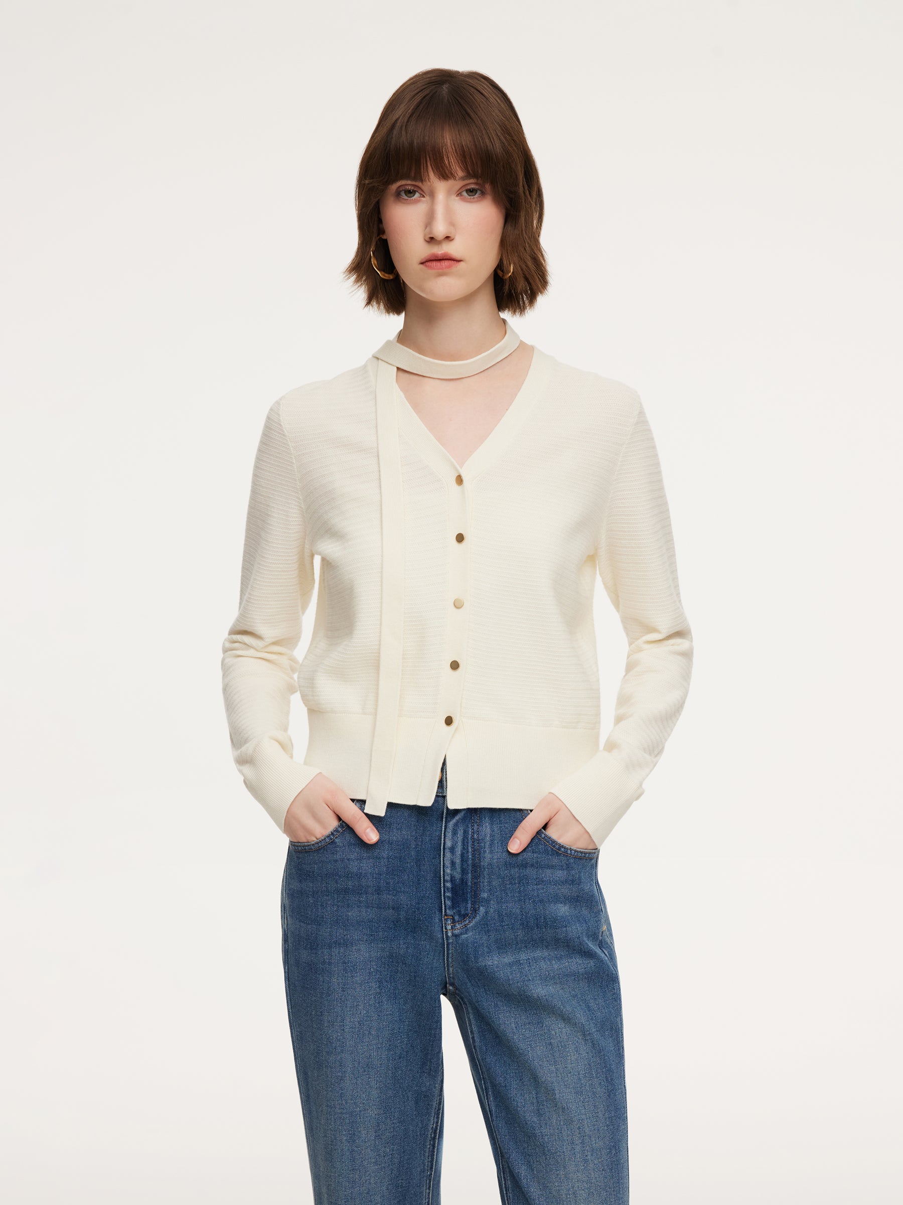 [Preview] Tencel Wool Blend V-Neck Women Cardigan With Detachable Ribbon GOELIA