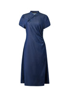 Tencel Blend Denim Side Twist Women Qipao Midi Dress GOELIA