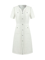 Gathered Waist Single-Breasted Sequins Tweed Mini Dress With Patch Pockets GOELIA