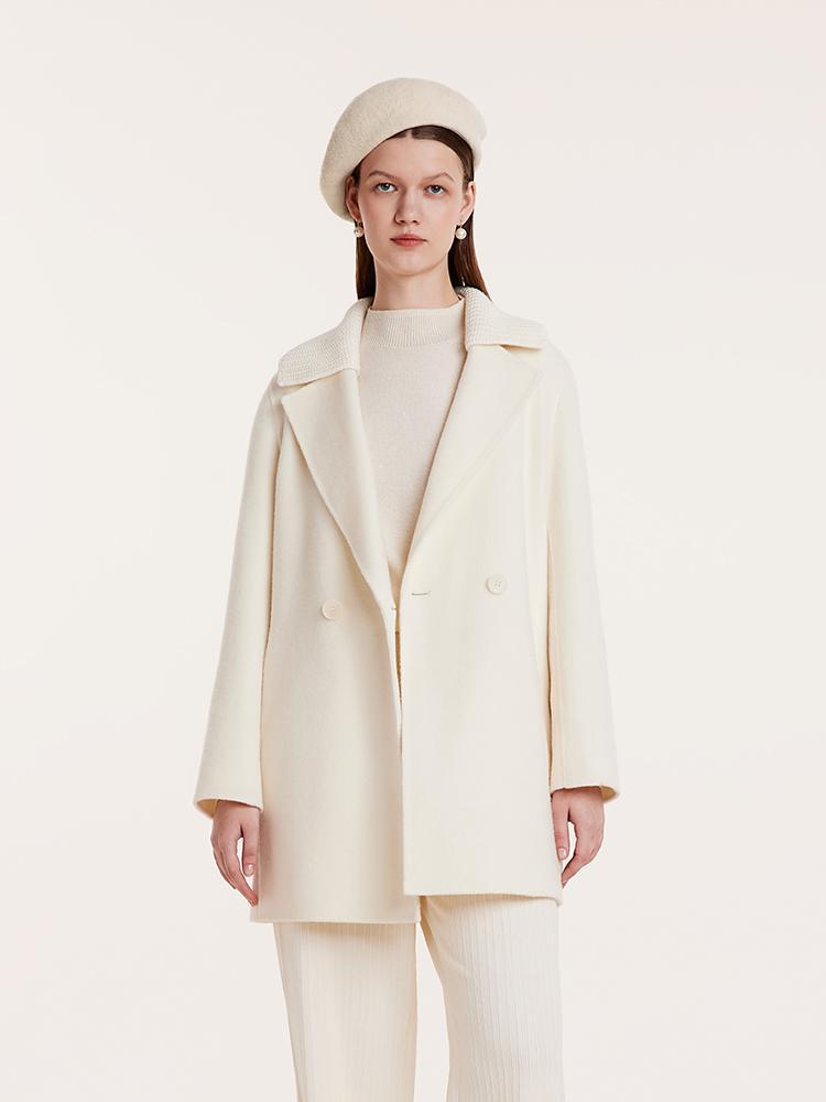 White Mid-Length Double-Faced Wool Women Coat With Detachable Collar GOELIA
